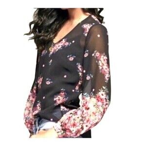 Cabi Women's Blooming Blouse Black Floral Sheer V-Neck Boho Size Medium